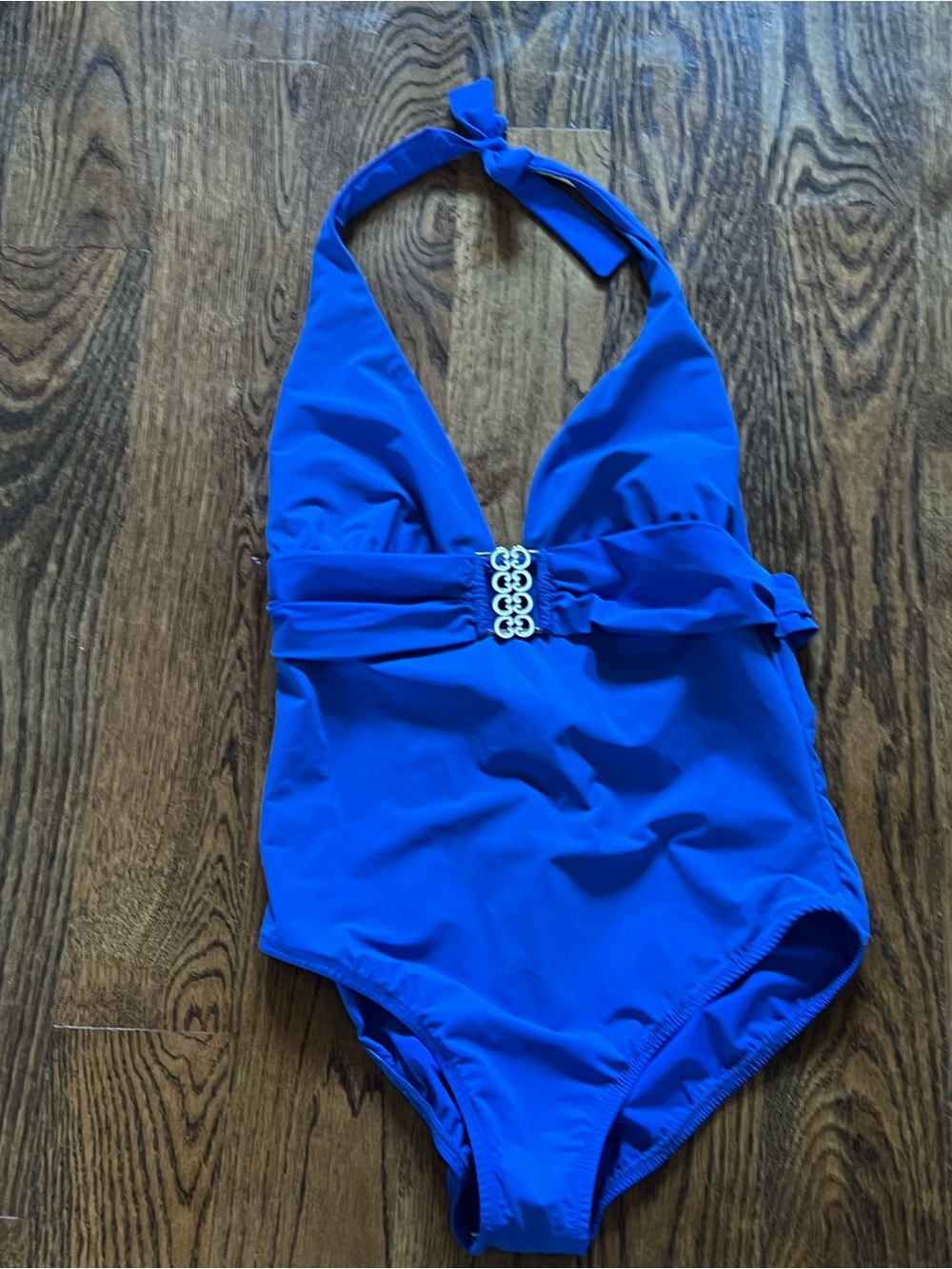 Royal Blue Halter One-Piece Swimsuit with Decorative Buckle